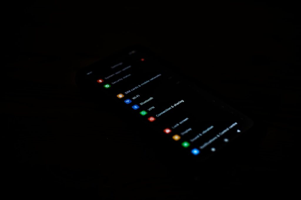 Smartphone settings screen in the dark