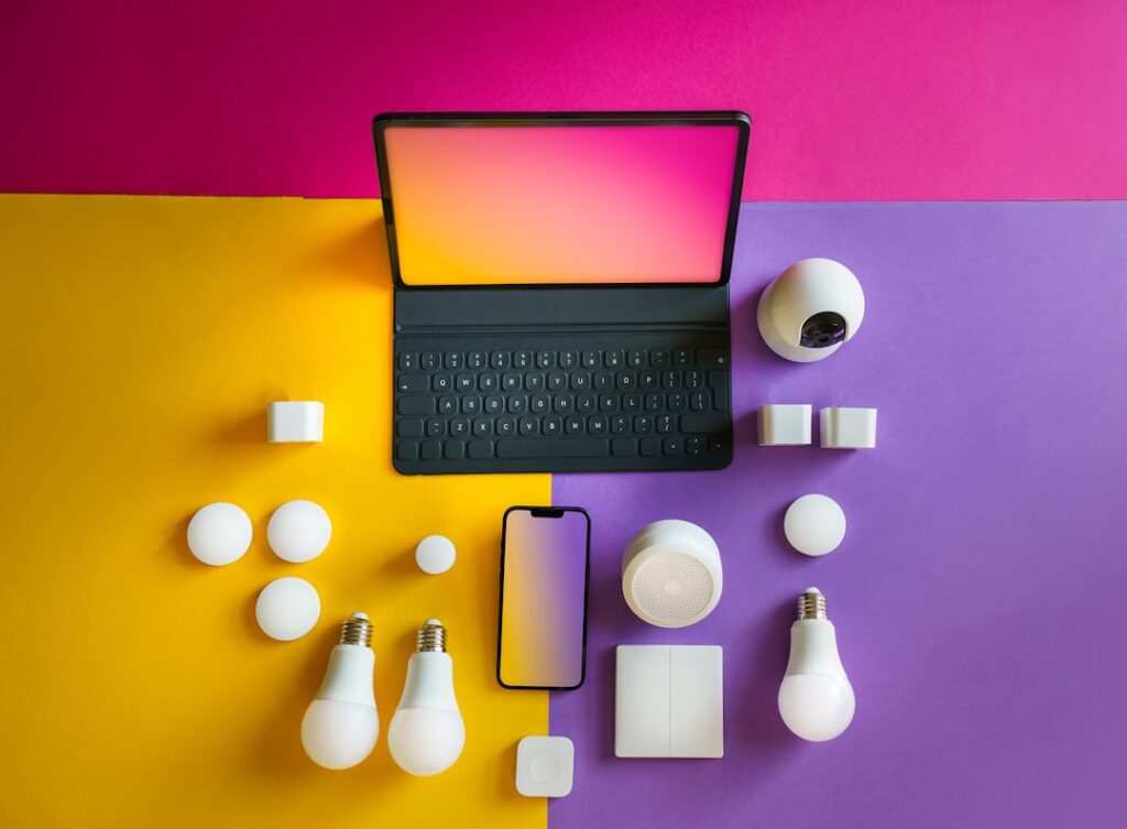 Smart home electronic devices. Laptop screen. Remote control.