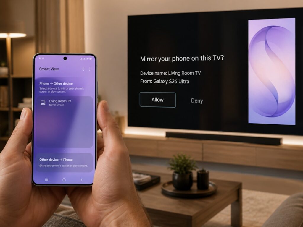 A realistic living room scene showing someone holding a Galaxy S26 Ultra while trying to mirror the phone screen to a large TV. The phone displays the Smart View screen, while the TV shows a mirroring permission prompt. The image fits a troubleshooting article about fixing Galaxy S26 Ultra screen mirroring problems.