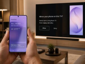 A realistic living room scene showing someone holding a Galaxy S26 Ultra while trying to mirror the phone screen to a large TV. The phone displays the Smart View screen, while the TV shows a mirroring permission prompt. The image fits a troubleshooting article about fixing Galaxy S26 Ultra screen mirroring problems.