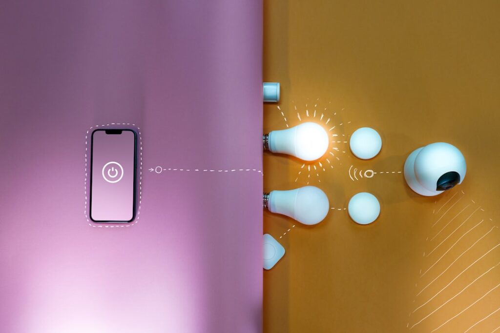 Smart home connection diagram. Smart phone screen.