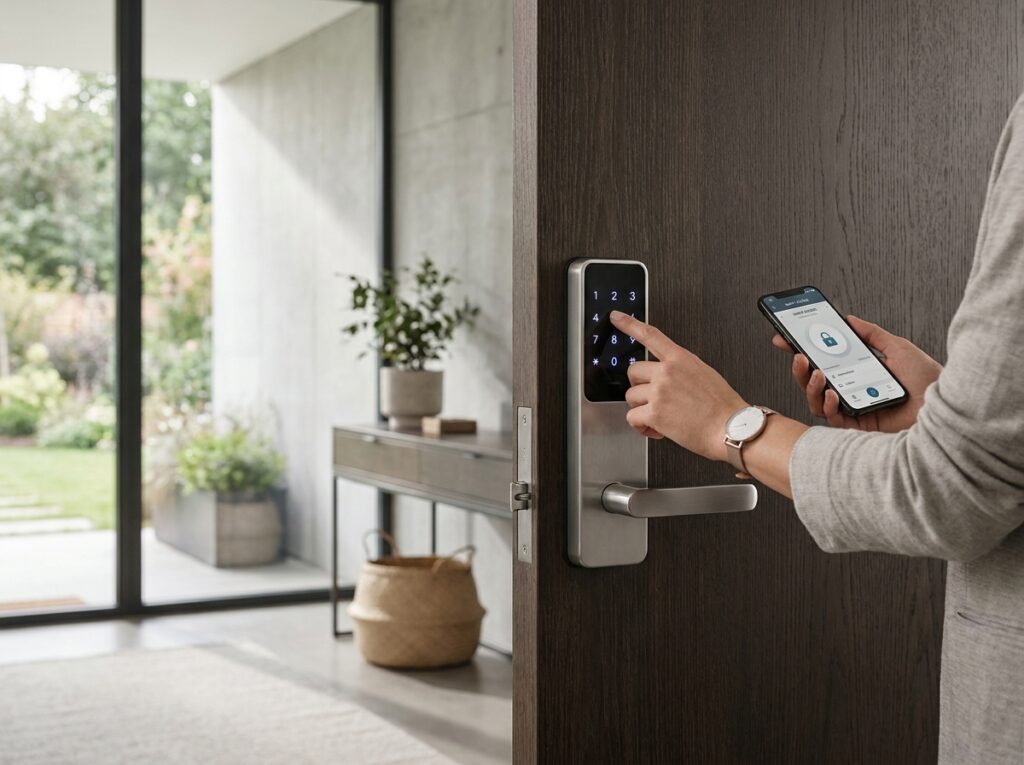 Slimme deurcilinder op een moderne voordeur, met een hand die de deur ontgrendelt via de telefoon