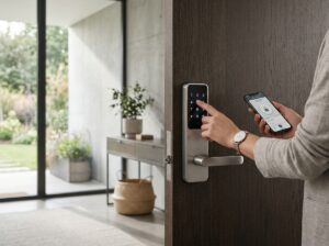 Slimme deurcilinder op een moderne voordeur, met een hand die de deur ontgrendelt via de telefoon